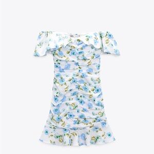 Zara Blue and Green Ruched Ruffled Mini Dress